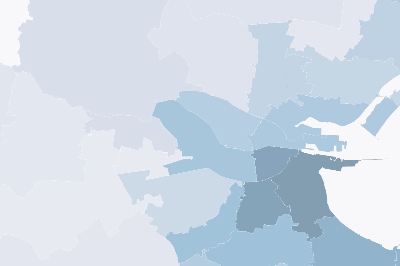 Map of Dublin showing neighborhoods shaded based on house prices